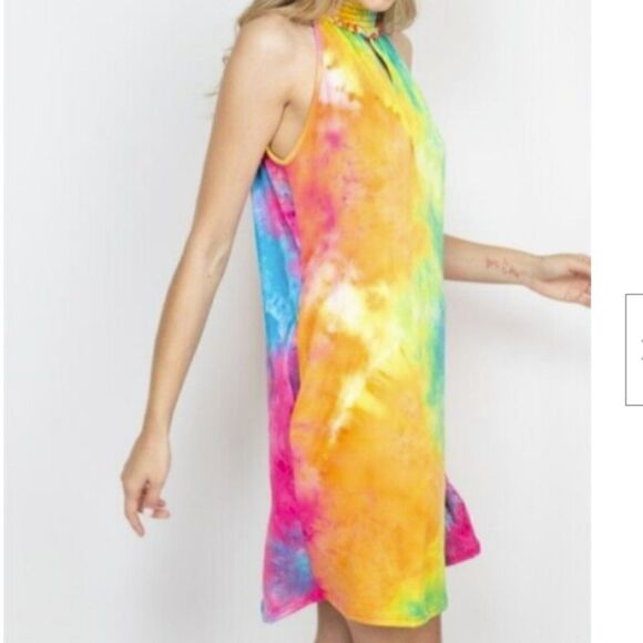 Small Dress by Perfect Peach Smocked Halter Neck Tie Dye Turquoise Blue Hot Pink - Picture 2 of 5
